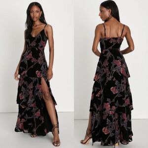 Lulus I Love You Amore Black Floral Velvet Tiered Maxi Dress Wedding Party Prom